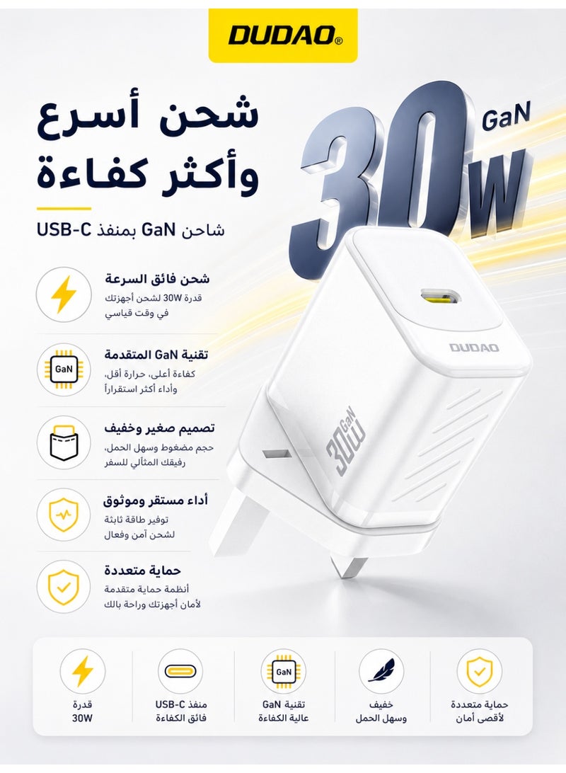 دوداو شاحن سريع بقوة 30 واط بتقنية GaN مع منفذ USB-C، شاحن جداري بتقنية PD مزود بنظام حماية مكون من 9 طبقات، تحكم ذكي في درجة الحرارة لتقليل الحرارة، متوافق مع آيفون، سامسونج، هواوي، شاومي والمزيد. - Image 1