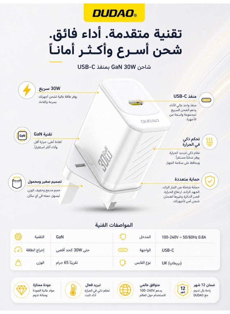 دوداو شاحن سريع بقوة 30 واط بتقنية GaN مع منفذ USB-C، شاحن جداري بتقنية PD مزود بنظام حماية مكون من 9 طبقات، تحكم ذكي في درجة الحرارة لتقليل الحرارة، متوافق مع آيفون، سامسونج، هواوي، شاومي والمزيد. - Image 4