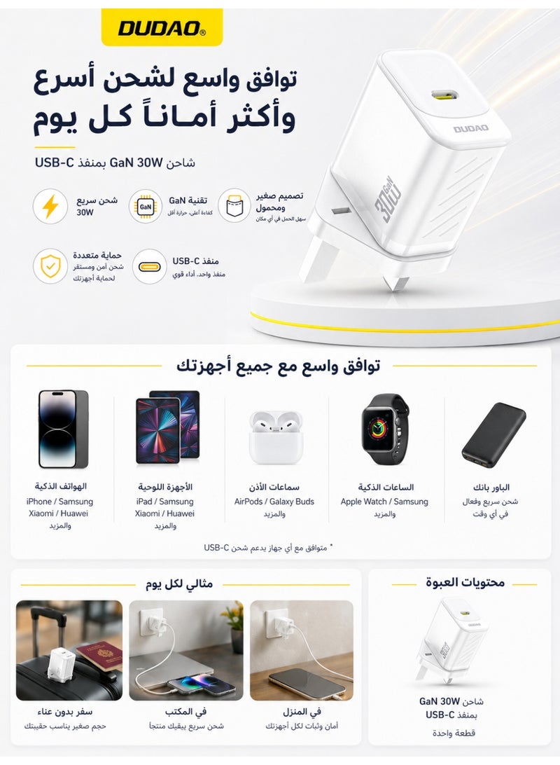 دوداو شاحن سريع بقوة 30 واط بتقنية GaN مع منفذ USB-C، شاحن جداري بتقنية PD مزود بنظام حماية مكون من 9 طبقات، تحكم ذكي في درجة الحرارة لتقليل الحرارة، متوافق مع آيفون، سامسونج، هواوي، شاومي والمزيد. - Image 5