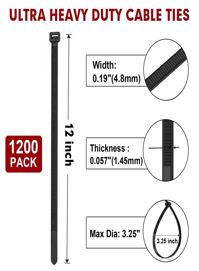 RAZCC Zip Ties, 1200pcs Black Cable Zip Ties 12 Inch, Heavy Duty Plastic Wire Ties with 70lb Tensile Strength, Self-Locking Black Nylon Tie Wraps for Indoor and Outdoor - Image 2