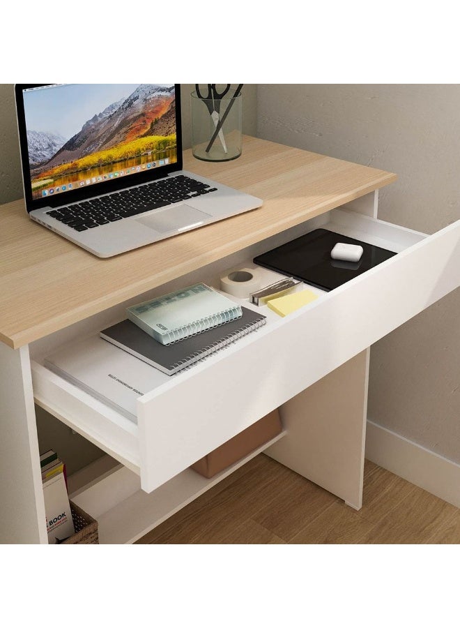 دانوب هوم Algeria Office Desk With 1 Wide Drawer And Shelf | Computer Table I Office Desk Workstation | Modern PC Laptop Gaming Table | Wooden Study Table For Home Office L80xW39.6xH75cm - White/Oak  - Image 1