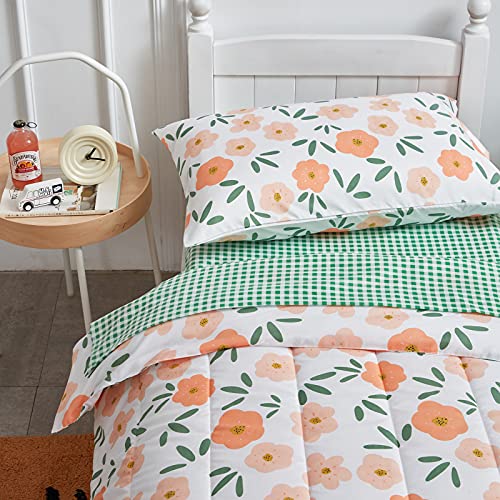 Uozzi Bedding 4 Pieces White Girls Toddler Bedding Set Orange Floral Style for Autumu and Winter.- Includes Adorable Quilted Flower Warm Comforter, Green Plaid Fitted Sheet, Top Sheet, and Pillow Case - Image 5