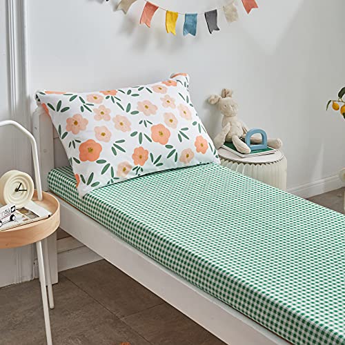 Uozzi Bedding 4 Pieces White Girls Toddler Bedding Set Orange Floral Style for Autumu and Winter.- Includes Adorable Quilted Flower Warm Comforter, Green Plaid Fitted Sheet, Top Sheet, and Pillow Case - Image 4