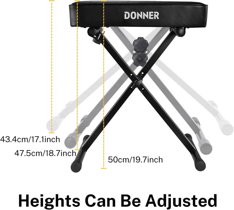 Donner Adjustable Piano Stool Keyboard Bench with High-Density Sponge and Non-Skid Design, Black - Image 2