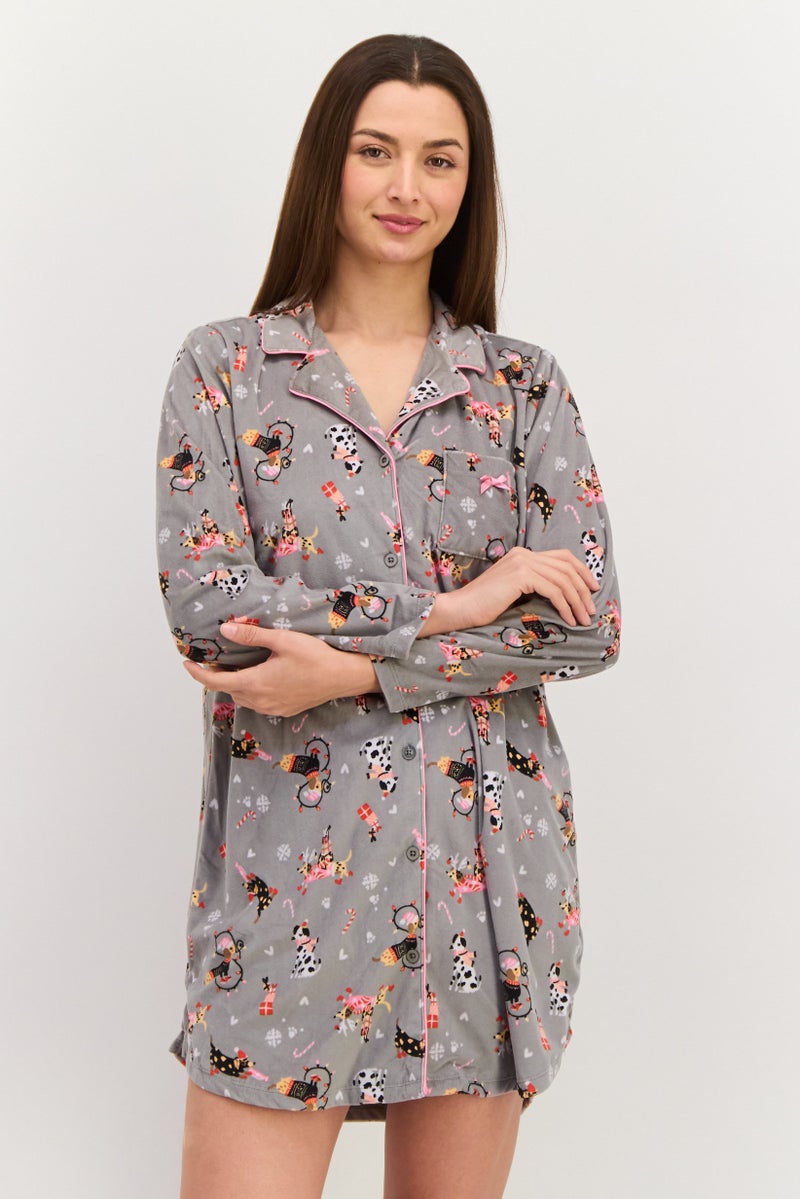 Kensie Women All Over Print Sleepwear Shirt Dress, Grey Combo - Image 1