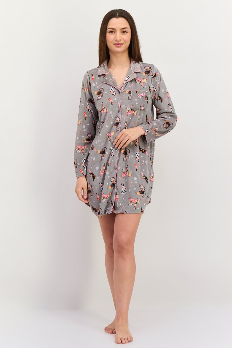Kensie Women All Over Print Sleepwear Shirt Dress, Grey Combo - Image 2