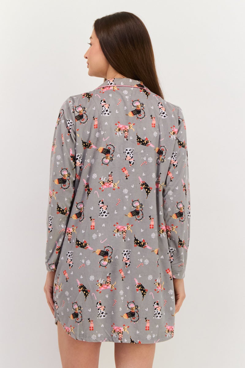 Kensie Women All Over Print Sleepwear Shirt Dress, Grey Combo - Image 3