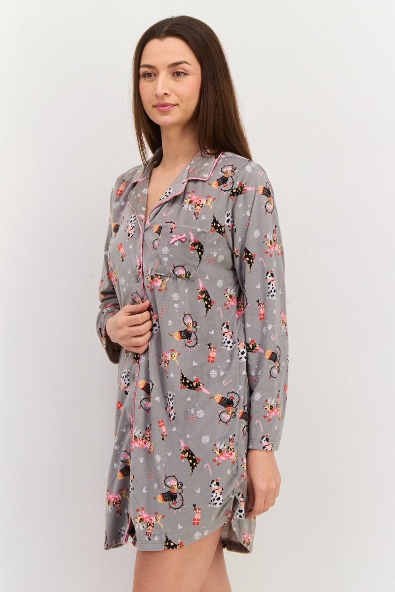 Kensie Women All Over Print Sleepwear Shirt Dress, Grey Combo - Image 4