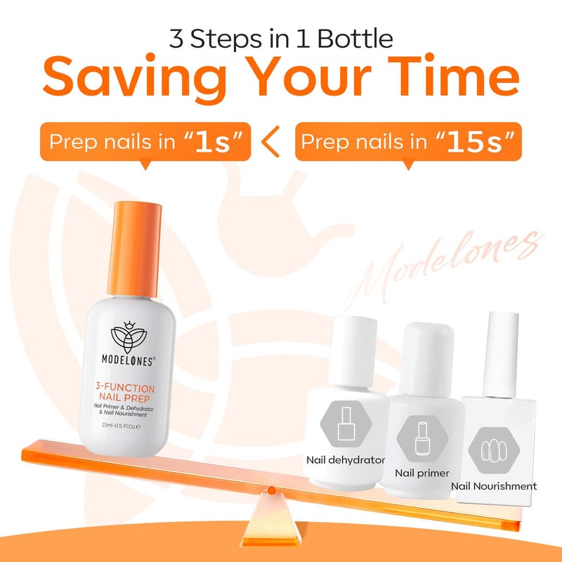 modelones Nail Dehydrator and Primer Base Coat, 3-in-One HEMA-Free Nourishing Prep for Acrylic & Gel Nails, Supports Growth - Image 2
