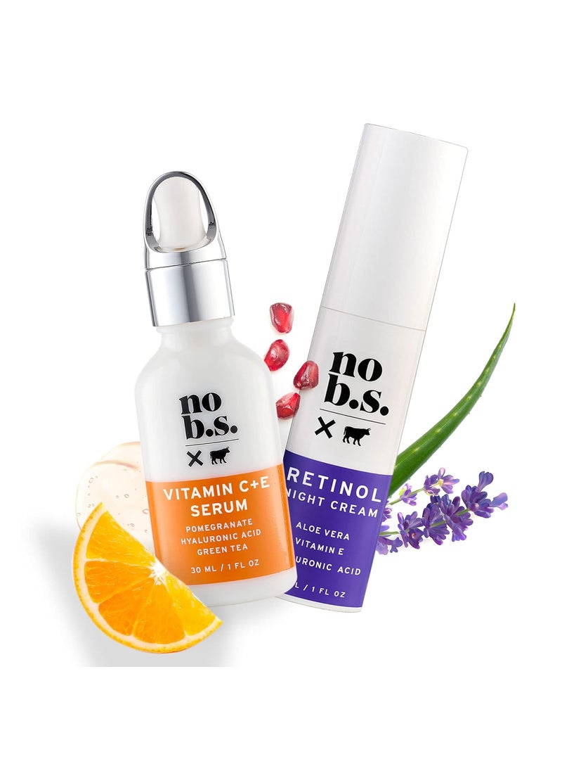 NO B. S. NO BAD STUFF No B.S. (No Bad Stuff) Fresh + Smooth Duo - Vitamin C + E Serum & Retinol Night Cream, Boosts, Hydrates, and Reduces Wrinkles & Dark Spots (1 fl oz each) 