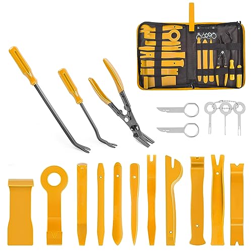 GOOACC 19Pcs Trim Removal Tool Set Panel Fastener Clips Removal Automotive Plastic Upholstery Pliers Removal Install Removal Car Tool with Storage Bag for Trim Panel Audio Clip Pliers TerminalYellow