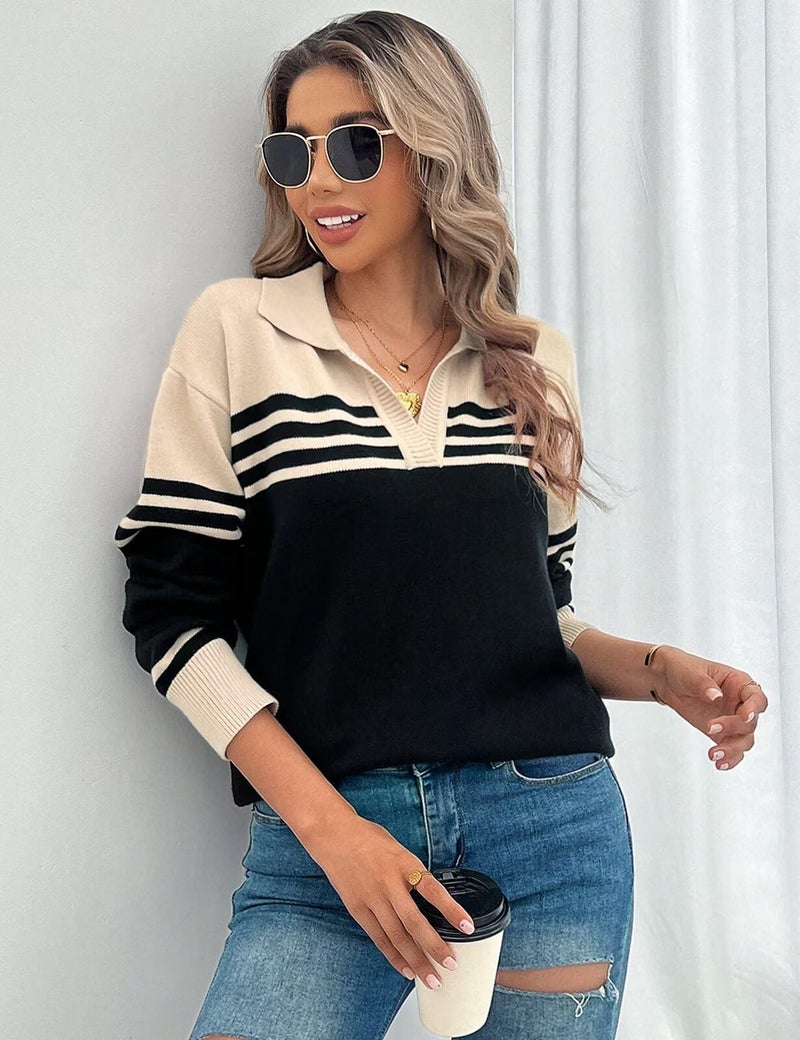 CiCiBird Women Fall V Neck Sweater Color Block Polo Long Sleeve Shirt Casual Loose Striped Pullover Sweaters Apricot Black L - Image 4