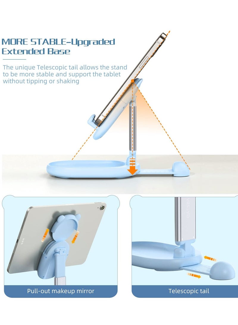 KASTWAVE Phone Stand for Desk Cute Bear Cell Phone Holder with Makeup Beauty Mirror for Girls Foldable Adjustable Height Angle Riser Compatible with All Phone - Image 2