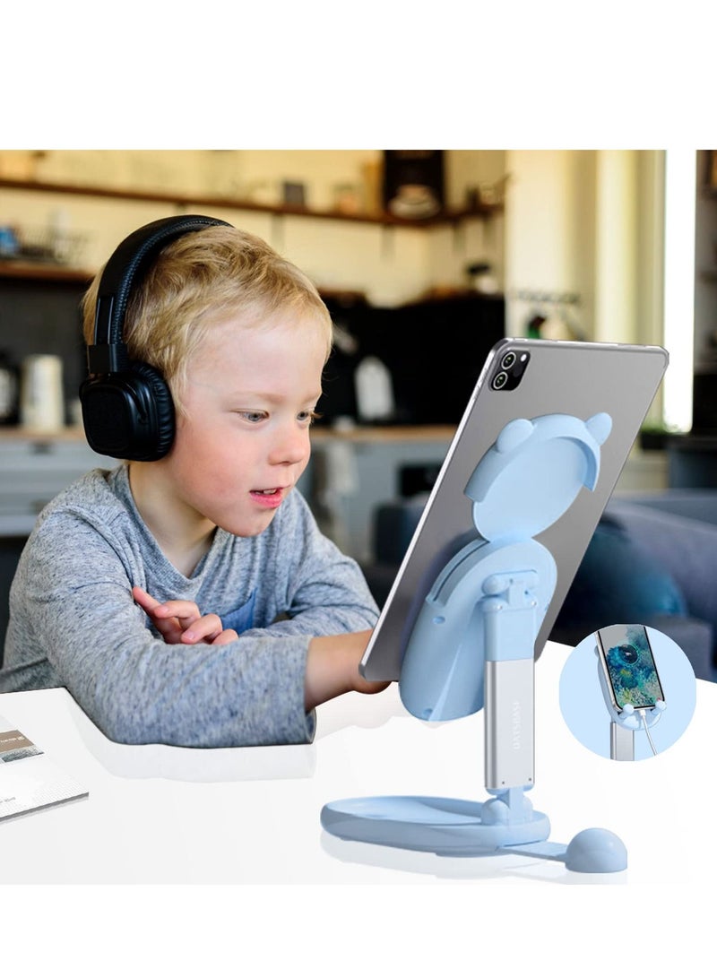 KASTWAVE Phone Stand for Desk Cute Bear Cell Phone Holder with Makeup Beauty Mirror for Girls Foldable Adjustable Height Angle Riser Compatible with All Phone - Image 3