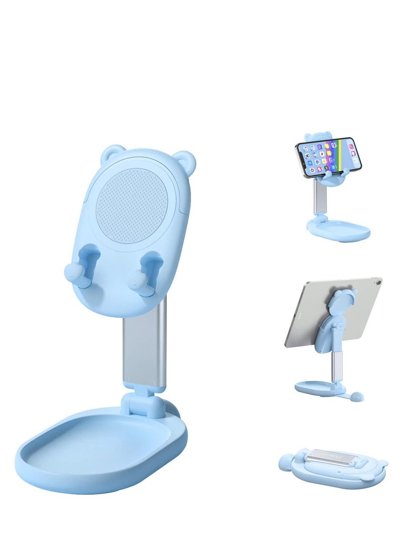 KASTWAVE Phone Stand for Desk Cute Bear Cell Phone Holder with Makeup Beauty Mirror for Girls Foldable Adjustable Height Angle Riser Compatible with All Phone - Image 1