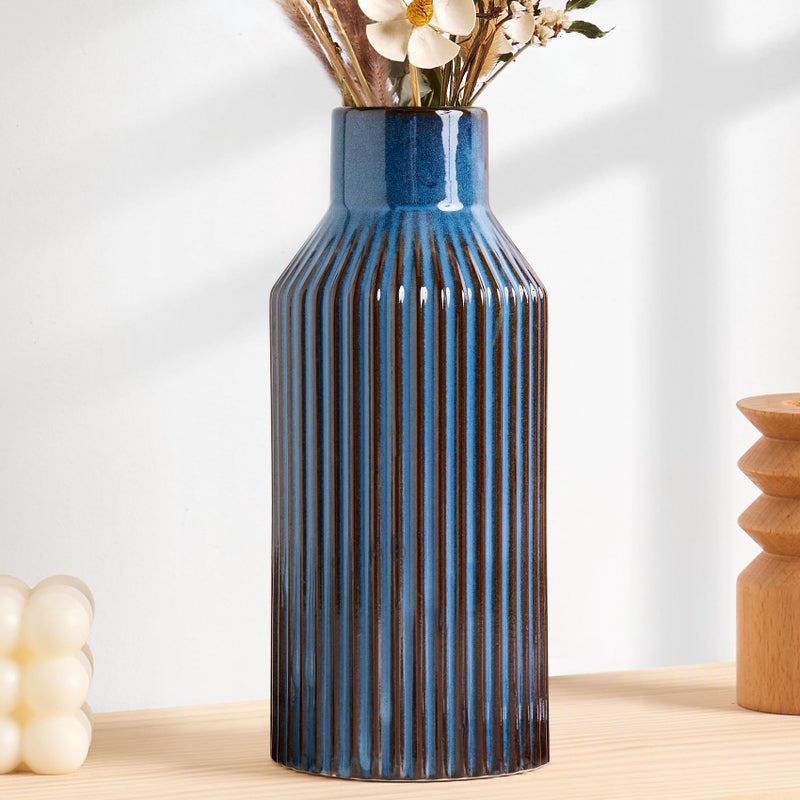 STHIE Blue Ceramic Flower Vase, Minimalist Decor, Modern Home Decorative Vase, 8 Inch Small Pampas Grass Vases for Kitchen, Bedroom, Office, Living Room, Bathroom, Shelf Centerpiece Table - Image 1