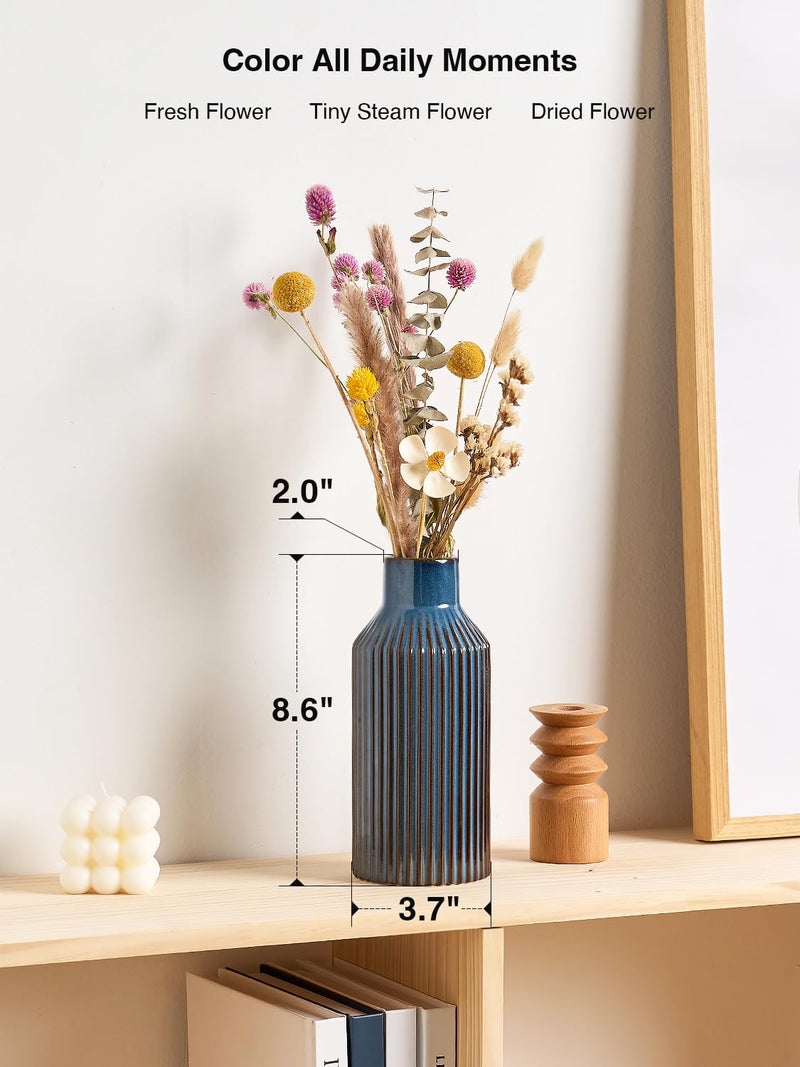 STHIE Blue Ceramic Flower Vase, Minimalist Decor, Modern Home Decorative Vase, 8 Inch Small Pampas Grass Vases for Kitchen, Bedroom, Office, Living Room, Bathroom, Shelf Centerpiece Table - Image 3