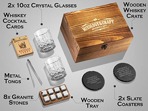 Mixology & Craft طقم هدايا كؤوس الويسكي والمزج والحرف اليدوية للرجال 13 قطعة مع عبوة من 2 كؤوس مقطوعة على شكل ماسة مع 8 أحجار جرانيت للتبريد، 2 قاعدة، ملقط وكتاب وصفات كوكتيل في صندوق خشبي - Image 3