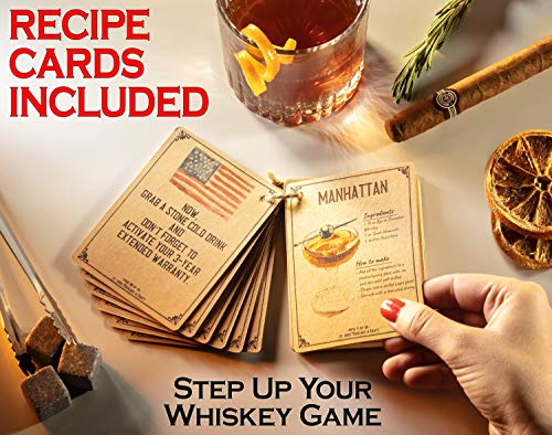 Mixology & Craft طقم هدايا كؤوس الويسكي والمزج والحرف اليدوية للرجال 13 قطعة مع عبوة من 2 كؤوس مقطوعة على شكل ماسة مع 8 أحجار جرانيت للتبريد، 2 قاعدة، ملقط وكتاب وصفات كوكتيل في صندوق خشبي - Image 4