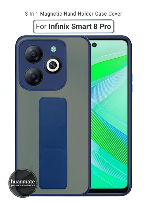Infinix Smart 8 Pro Magnetic Case With Hand Grip Holder & Kickstand - Strong Grip for Magnetic Car Holder, Stylish & Functional, Ultimate Convenience & Hands-Free Viewing - Blue