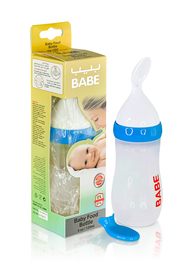 BABE - Baby Silicone Body Cereal Feeding Bottle with PP Material Spoon, 4oz/125ml, PP Material Spoon, BPA Free, Blue - Image 1