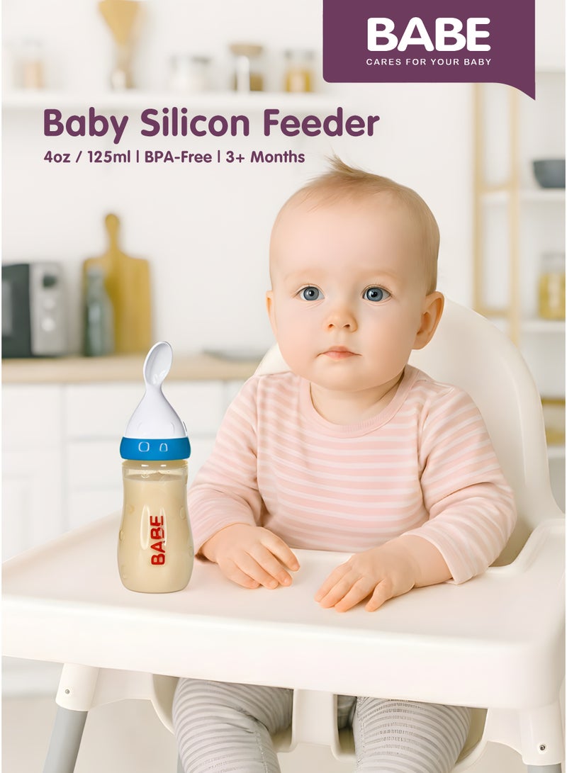 BABE - Baby Silicone Body Cereal Feeding Bottle with PP Material Spoon, 4oz/125ml, PP Material Spoon, BPA Free, Blue - Image 2