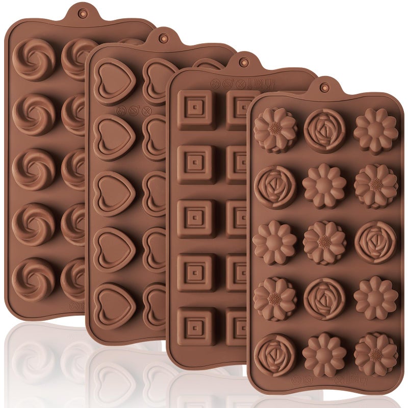 Puyeipt 4 Pcs Silicone Chocolate Molds, Non-Stick Candy Molds for Making Bite Size Chocolates, Candies, Truffles, Gummies, Jelly (Heart, Sunflower, Rose, Square, Swirl Shaped) - Image 1