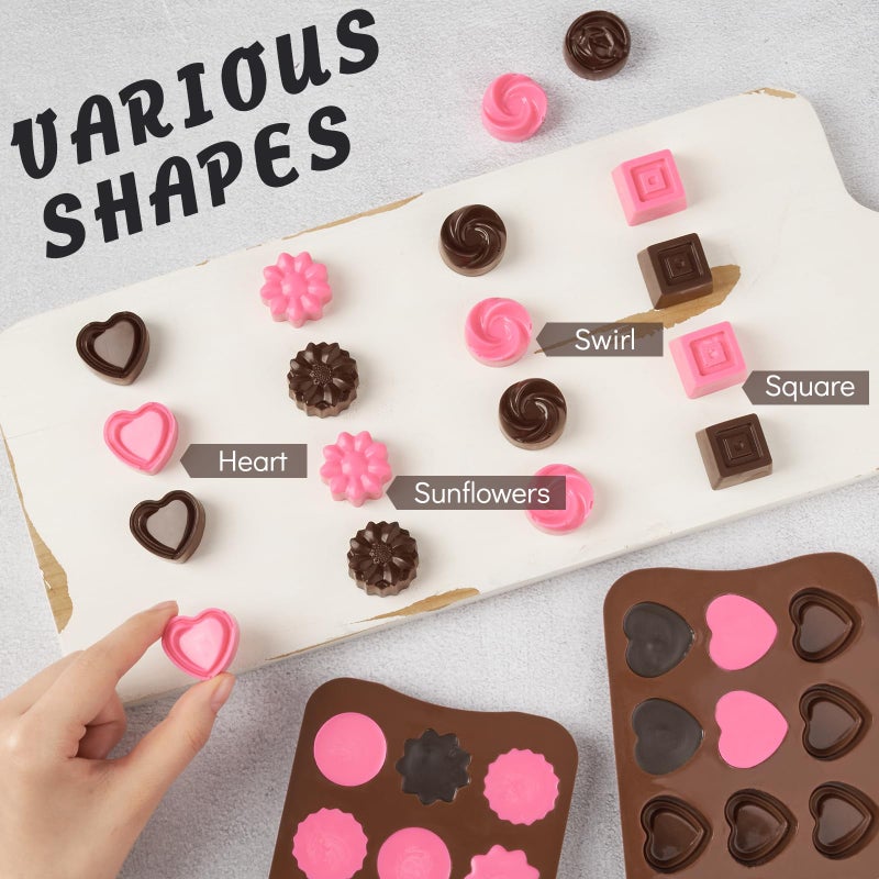 Puyeipt 4 Pcs Silicone Chocolate Molds, Non-Stick Candy Molds for Making Bite Size Chocolates, Candies, Truffles, Gummies, Jelly (Heart, Sunflower, Rose, Square, Swirl Shaped) - Image 5