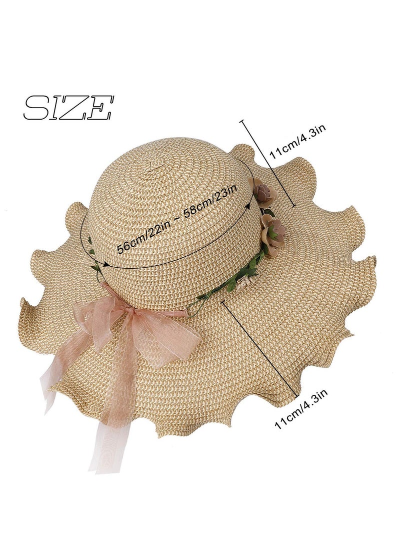 KASTWAVE Women Straw Hat Foldable Wide Brim Sun Summer Beach Cap with Flower Anti-UV Protection for Travel Vacation Beige - Image 2