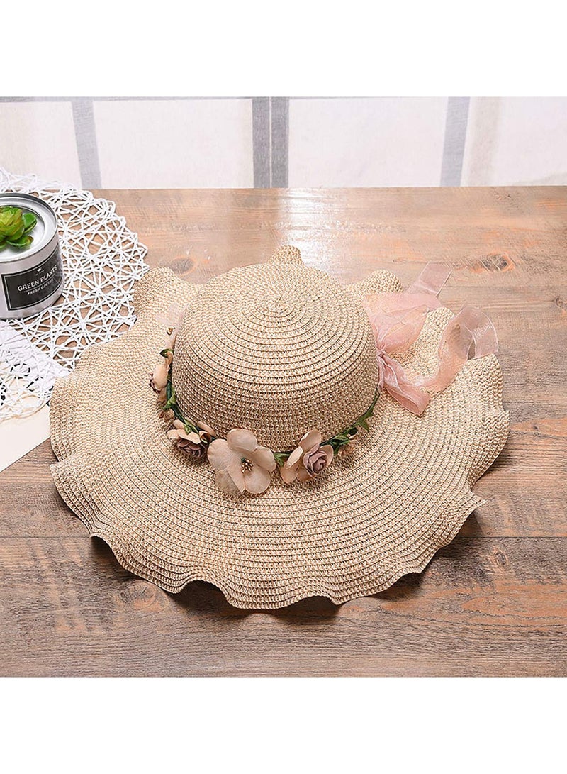 KASTWAVE Women Straw Hat Foldable Wide Brim Sun Summer Beach Cap with Flower Anti-UV Protection for Travel Vacation Beige - Image 3