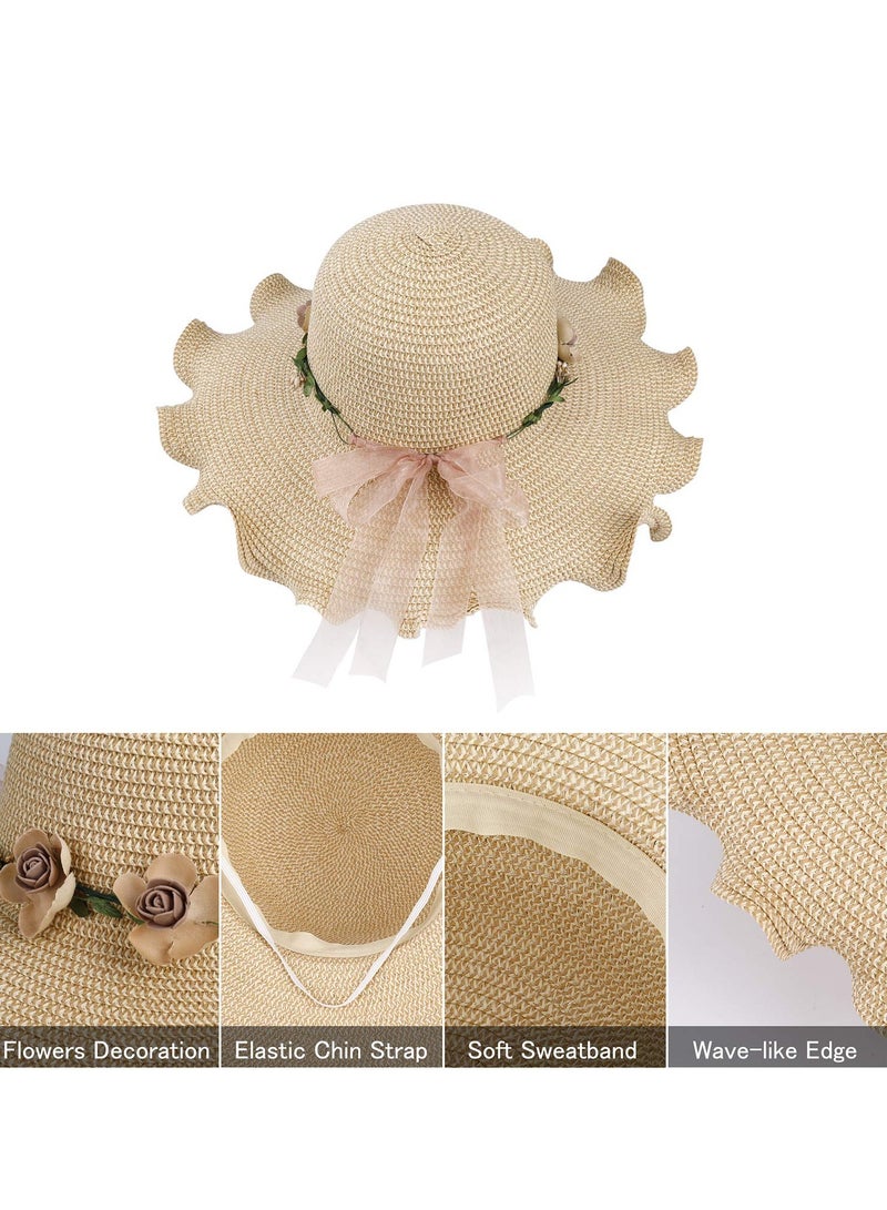 KASTWAVE Women Straw Hat Foldable Wide Brim Sun Summer Beach Cap with Flower Anti-UV Protection for Travel Vacation Beige - Image 4