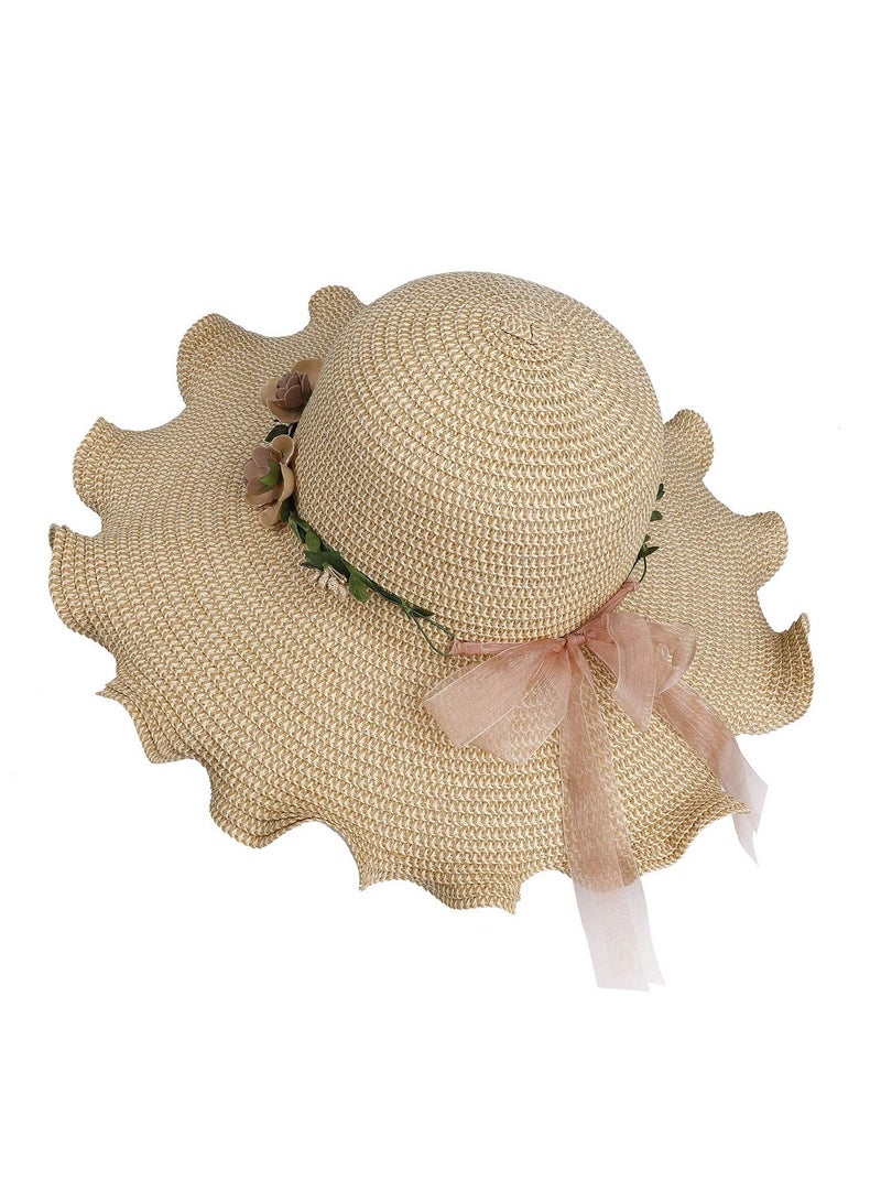 KASTWAVE Women Straw Hat Foldable Wide Brim Sun Summer Beach Cap with Flower Anti-UV Protection for Travel Vacation Beige - Image 1