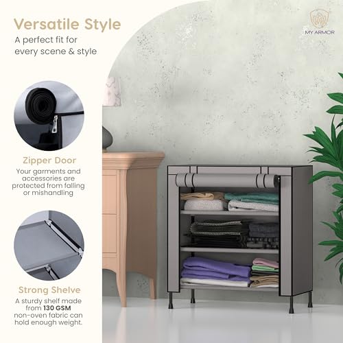 MY ARMOR Multipurpose Wardrobe/Cabinet/Multipurpose Storage Rack, Foldable, Collapsible Fabric Wardrobe Organizer for Clothes, 1-Door, 3 Shelves/Cabin - Grey, 31.5 X 66. X 68. Cm - Image 3