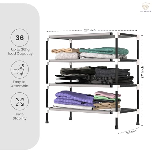 MY ARMOR Multipurpose Wardrobe/Cabinet/Multipurpose Storage Rack, Foldable, Collapsible Fabric Wardrobe Organizer for Clothes, 1-Door, 3 Shelves/Cabin - Grey, 31.5 X 66. X 68. Cm - Image 2