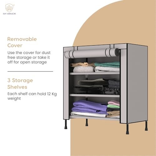 MY ARMOR Multipurpose Wardrobe/Cabinet/Multipurpose Storage Rack, Foldable, Collapsible Fabric Wardrobe Organizer for Clothes, 1-Door, 3 Shelves/Cabin - Grey, 31.5 X 66. X 68. Cm - Image 4