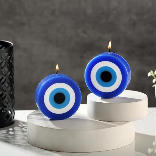 PROSPERRO LUMO By Parkash Candles Blue Evil Eye Candle Gift Nazar Home Decor Handmade Candles Desk Sculpture Decoration For House || Set Of 2 (Evil Eye - Round), Wax, Unscented - Image 1