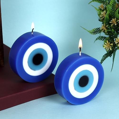 PROSPERRO LUMO By Parkash Candles Blue Evil Eye Candle Gift Nazar Home Decor Handmade Candles Desk Sculpture Decoration For House || Set Of 2 (Evil Eye - Round), Wax, Unscented - Image 3