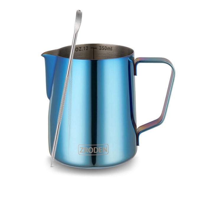 MILK FROTHING PITCHER 12OZ ESPRESSO STEAMING PITCHERS STAINLESS STEEL CAPPUCCINO COFFEE MACHINE ACCESSORIES BARISTA TOOLS STEAM FROTH PITCHERS MILK JUG CUP WITH DECORATING PEN LATTE ART BLUE