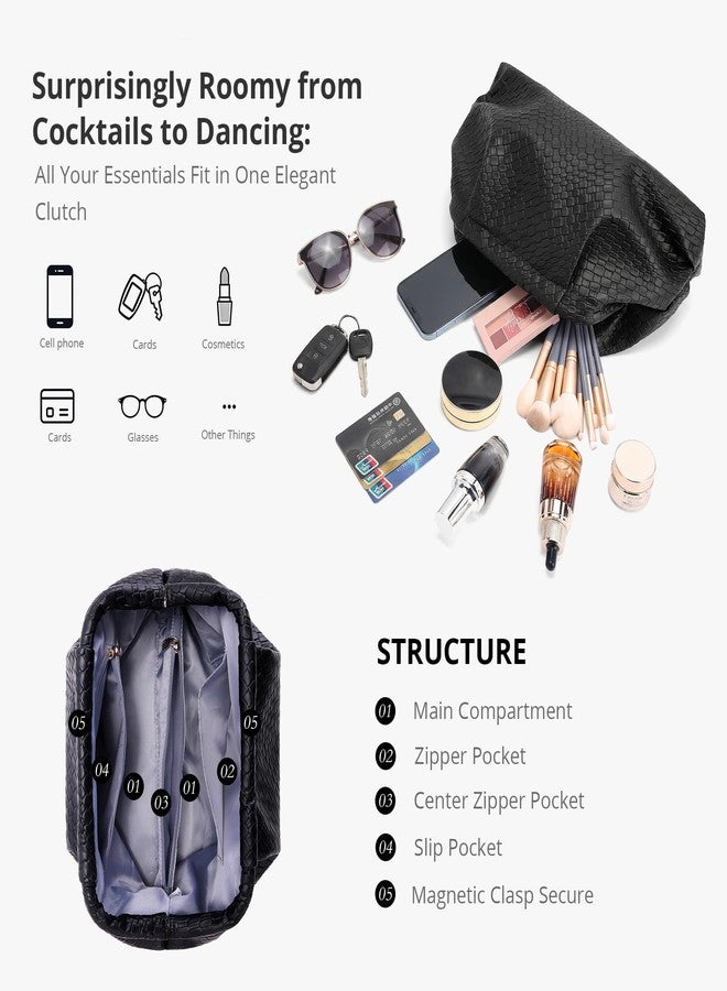 Sumrains Woven Evening Bag for Women: Elegant Dumpling Clutch Purse - Vegan Leather Handbag for Party Wedding, No Strap (Black) - Image 5