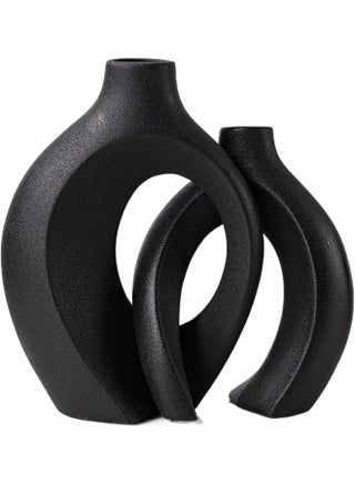 Levvohd Hollow Ceramic Vase Set Of 2 Round Modern Vase For Nordic Minimalist Style Decor, Donut Boho Aesthetic Vase For Trendy Home Living Master Room Entryway Table Decorative(W 6.3" X H 8" Black) - pzsku/Z6AD69767ABDD48DD5838Z/45/_/1731942442/3e89f710-b54a-423b-8f3f-bcce9c2783b9