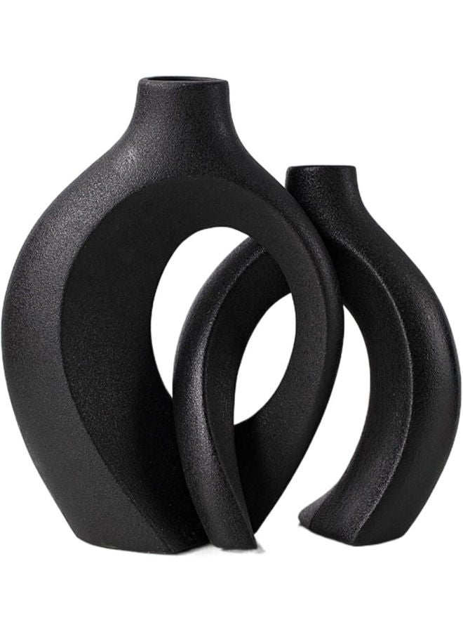Levvohd Hollow Ceramic Vase Set Of 2 Round Modern Vase For Nordic Minimalist Style Decor, Donut Boho Aesthetic Vase For Trendy Home Living Master Room Entryway Table Decorative(W 6.3" X H 8" Black)