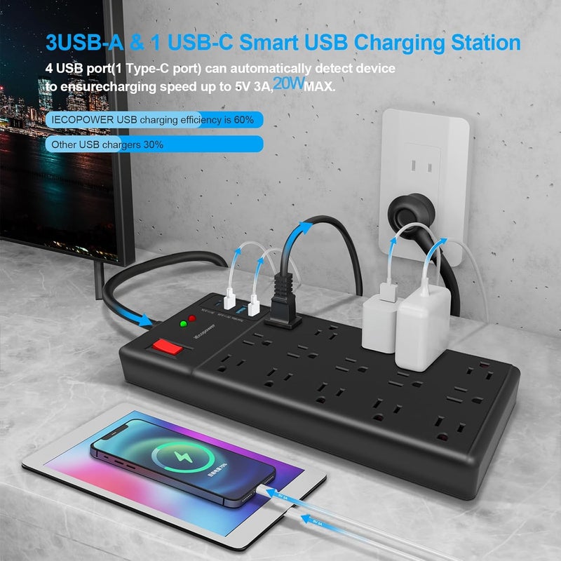 IECOPOWER Surge Protector Power Strip-15 Widely Spaced Outlets and 4 USB Ports(1 USB C Port),14 AWG Extension Cord,1875W/15A Heavy Duty Power Strip Surge Protector 5 ft Cord,2800J, ETL Listed,Black - Image 3