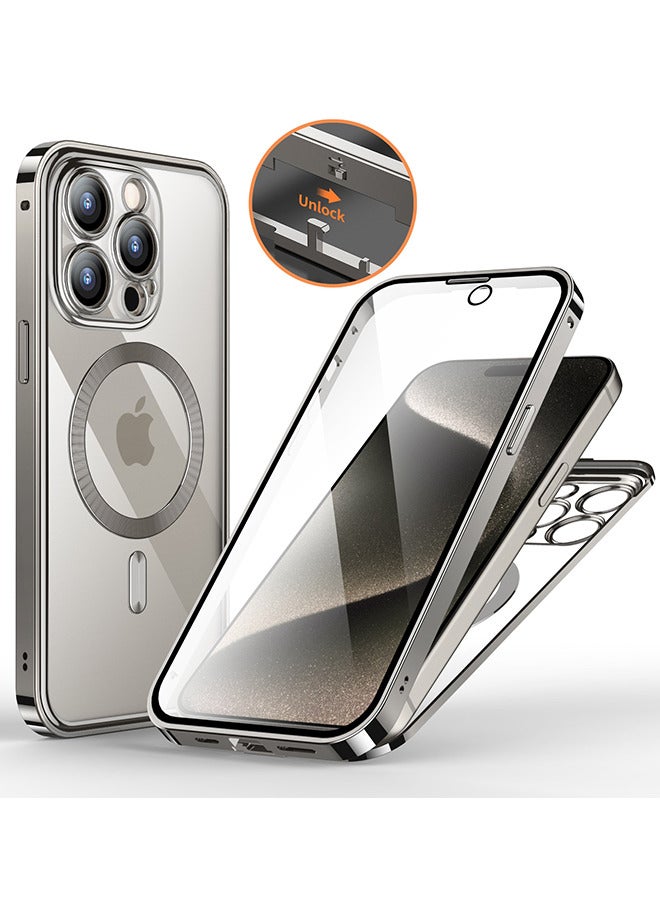 Depend Double-Sided Magnetic For iPhone 15 Pro Max Case, Full-Coverage Protective Case For iPhone 15 Pro Max With Metal Glass Screen Protector Buckle And Camera Lens Protector - Natural Titanium - Image 1