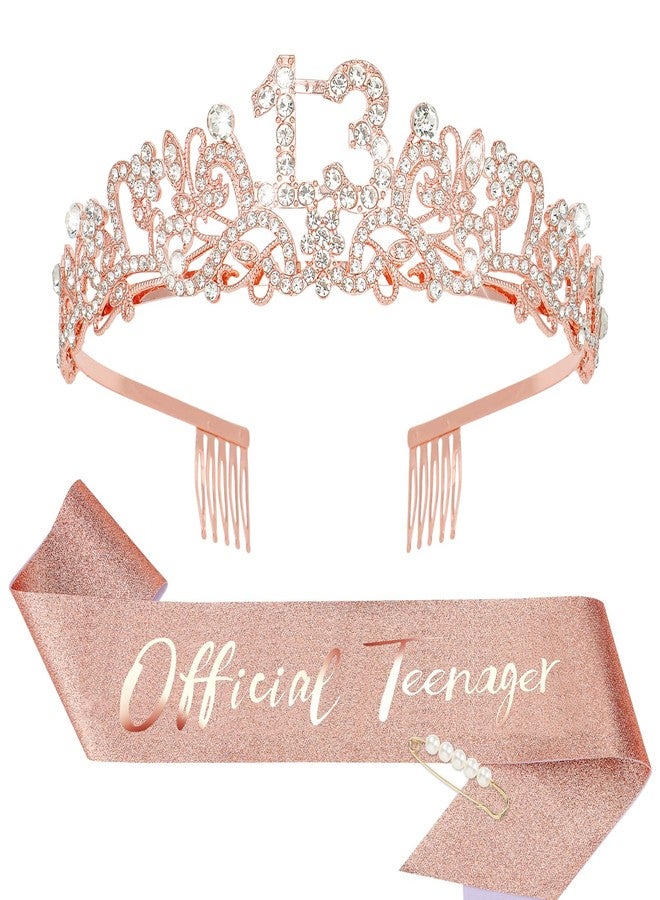 CIEHER 13th Birthday Crown and Sash Pearl Pin Set for 13th Birthday Decorations for Girls, Official Teenager Sash 13 Birthday Party Favors - Image 1