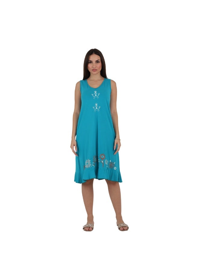 ZECOTEX Premium Cotton Home Dress - Elegant Embroidered Sleeveless Casual Loungewear Knee-Length Midi Dress with Ruffled Hem - M to 4XL - Light Sky Blue / Turquoise - Image 1