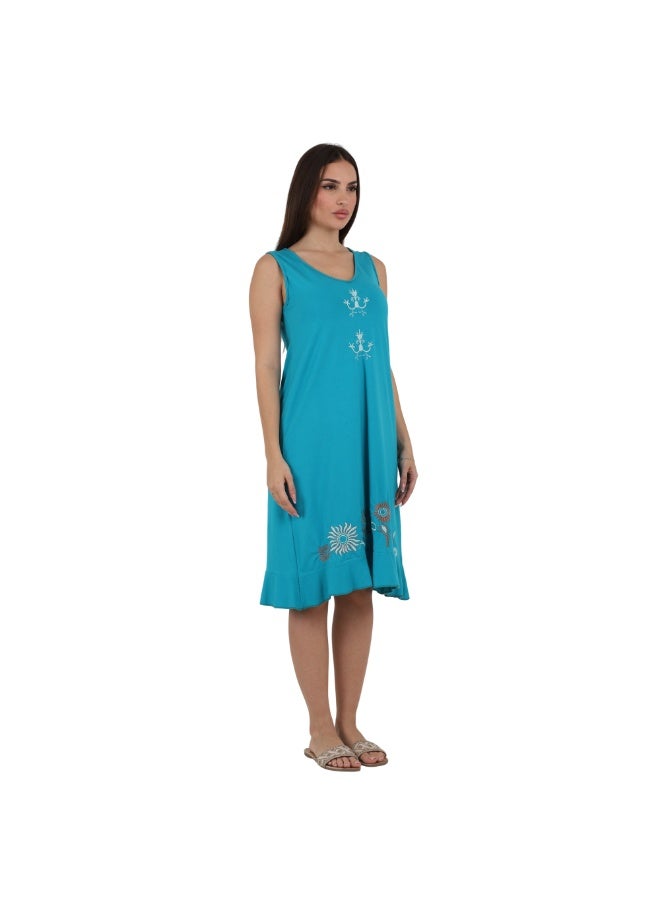 ZECOTEX Premium Cotton Home Dress - Elegant Embroidered Sleeveless Casual Loungewear Knee-Length Midi Dress with Ruffled Hem - M to 4XL - Light Sky Blue / Turquoise - Image 3