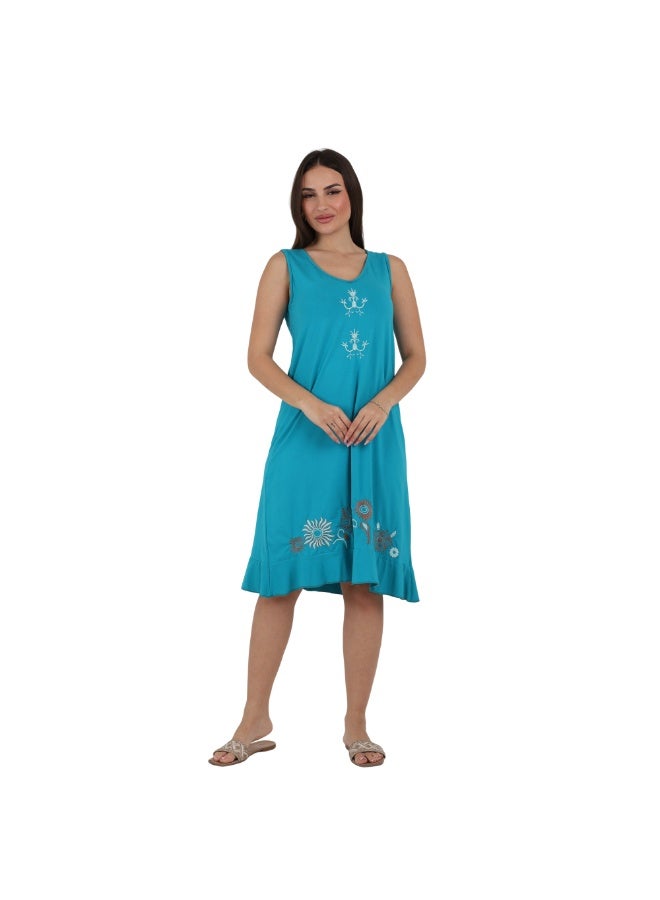 ZECOTEX Premium Cotton Home Dress - Elegant Embroidered Sleeveless Casual Loungewear Knee-Length Midi Dress with Ruffled Hem - M to 4XL - Light Sky Blue / Turquoise - Image 4