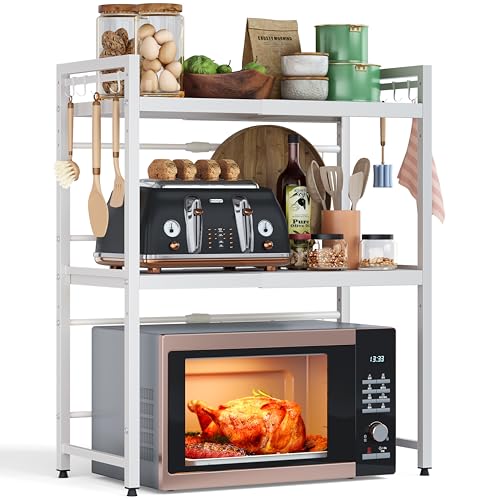 NETEL Expandable Microwave Stand,3 Tier Metal Kitchen Countertop Organizer Shelves with 8 Hooks,Bakers Rack,Microwave Shelf,Microwave Oven Rack,55lbs Weight Capacity - Image 1