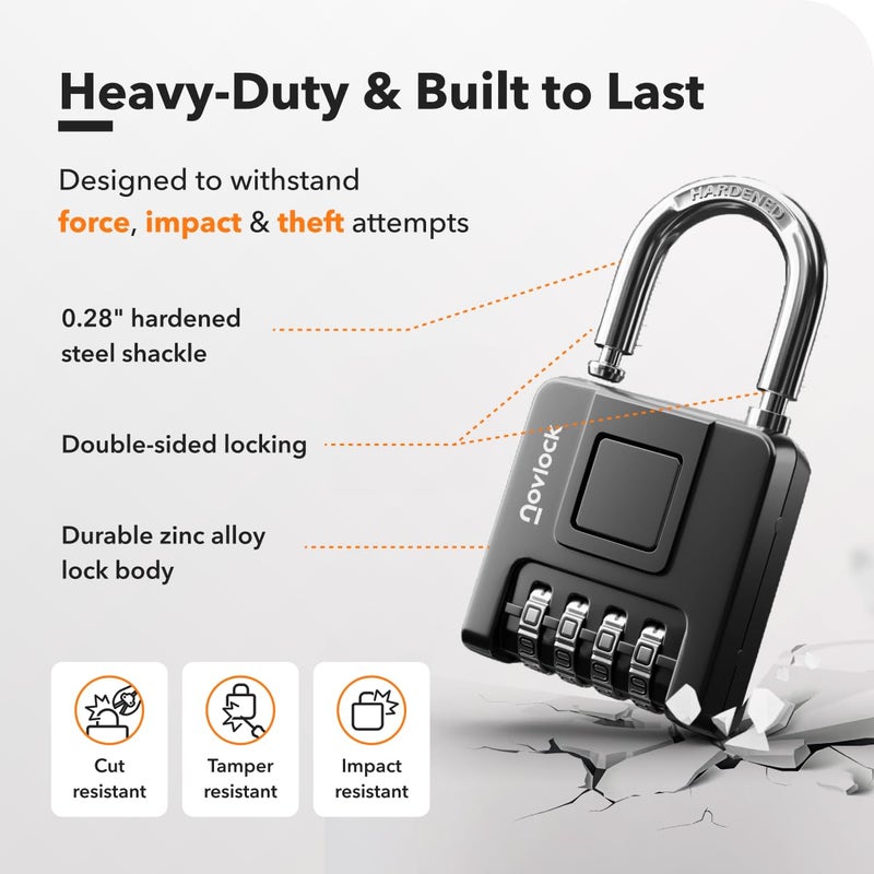 NOVLOCK Combination Lock for Outdoor & Indoor | Heavy Duty, Weatherproof, 4-Digit Security | Padlock for Lockers, Gates, Fences, Sheds, Storage | 1-Pack, Black - Image 4