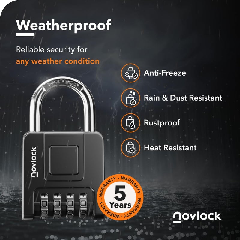 NOVLOCK Combination Lock for Outdoor & Indoor | Heavy Duty, Weatherproof, 4-Digit Security | Padlock for Lockers, Gates, Fences, Sheds, Storage | 1-Pack, Black - Image 3
